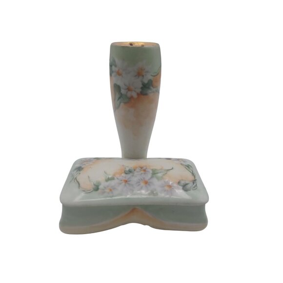 Rare Bavarian Porcelain Hat Pin Holder With Attached Trinket Dish Green & Yellow - Picture 12 of 14